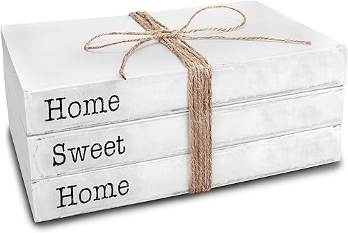 TenXVI Designs Libros blancos decorativos, juego de 3 libros apilados Home Sweet Home, decoración rústica de decoración de casa de campo, estante de