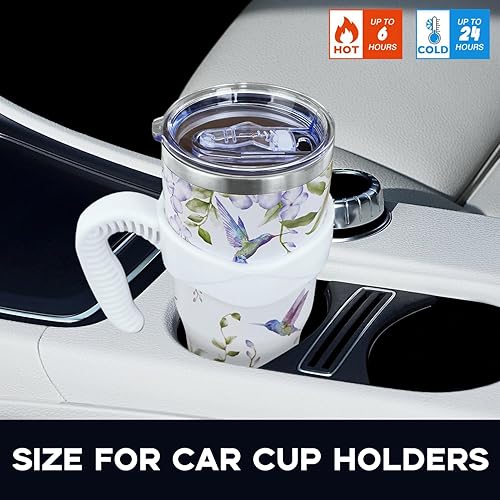 Miniatura 2 de Hummingbird - Vaso de 40 onzas con asa y pajita, vaso de acero inoxidable grande aislado al vacío con diseño floral de pájaro, taza de café, botella
