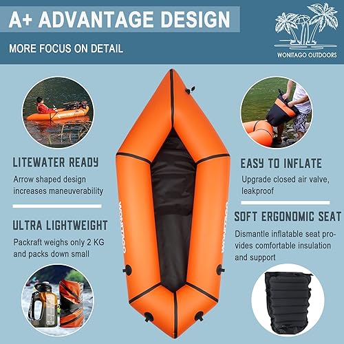 Miniatura 3 de WONITAGO Packraft - Kayak inflable de viaje de TPU con asiento suave y ligero, para rafting de agua planaderiva de bicicletasbote de agua litewater,