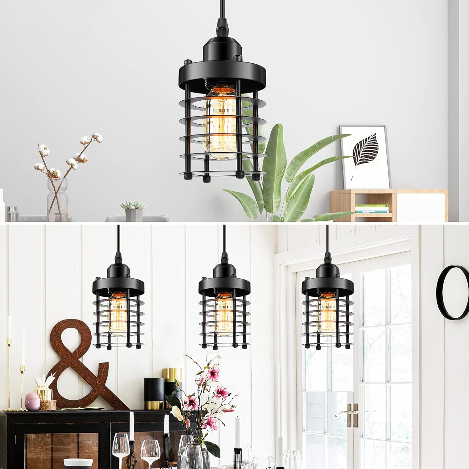 Suреr Bіg Clеаrаnсе! 3 Packs Unique Industrial Pendant Lighting, Mini Ceiling Vintage Metal Hanging Lamp Fixture, Adjustable Retro Pendant Light Black for Kitchen Island Counter Dining Room Restaurant Bedroom, E26 Base