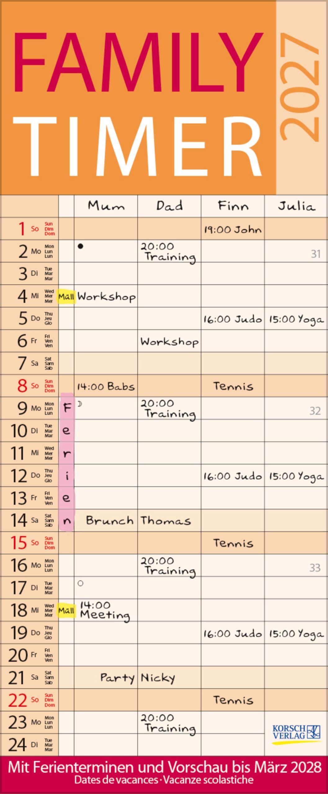 Family Timer Lifestyle 2027: Familienplaner mit 4 breiten Spalten. Hochwertiger Familienkalender mit Ferienterminen, Vorschau bis März 2027 und nützlichen Zusatzinformationen.