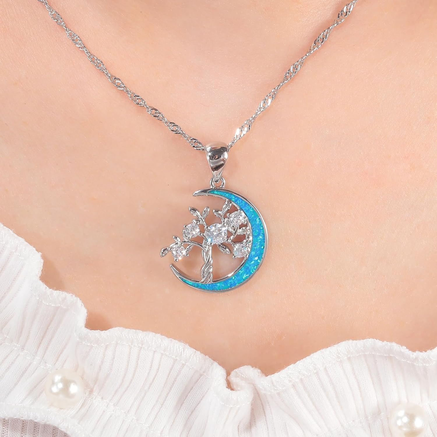 CiNily Tree of Life Necklace for Women Family Tree Pendant Necklaces 14K White Gold Plated Created Opal Tree of Life Pendant Birthstone Necklace Gemstone Birthday Jewelry - Image 2
