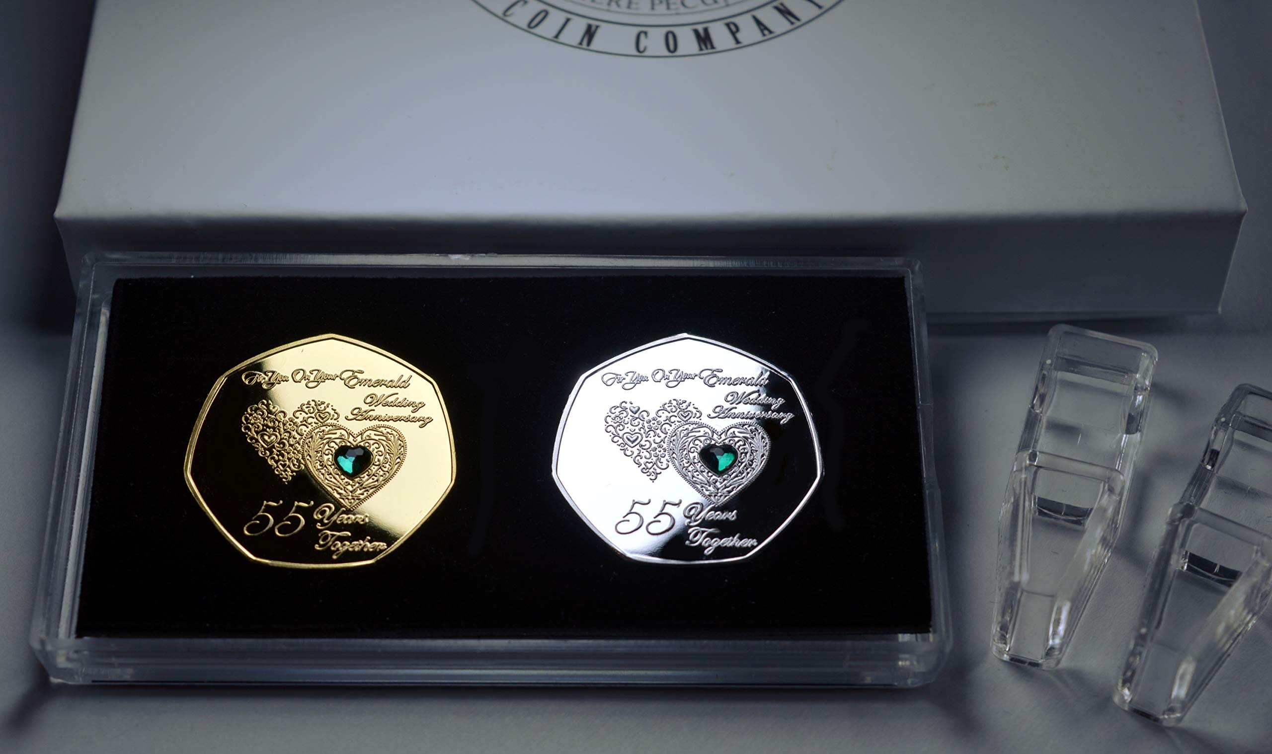 The Commemorative Coin Company Silver/Gold Pair Of 55Th Emerald Wedding Anniversary & 24Ct Commemoratives With Diamante Gemstones. Display/Presentation Stand & Gift Box. Gift/Present