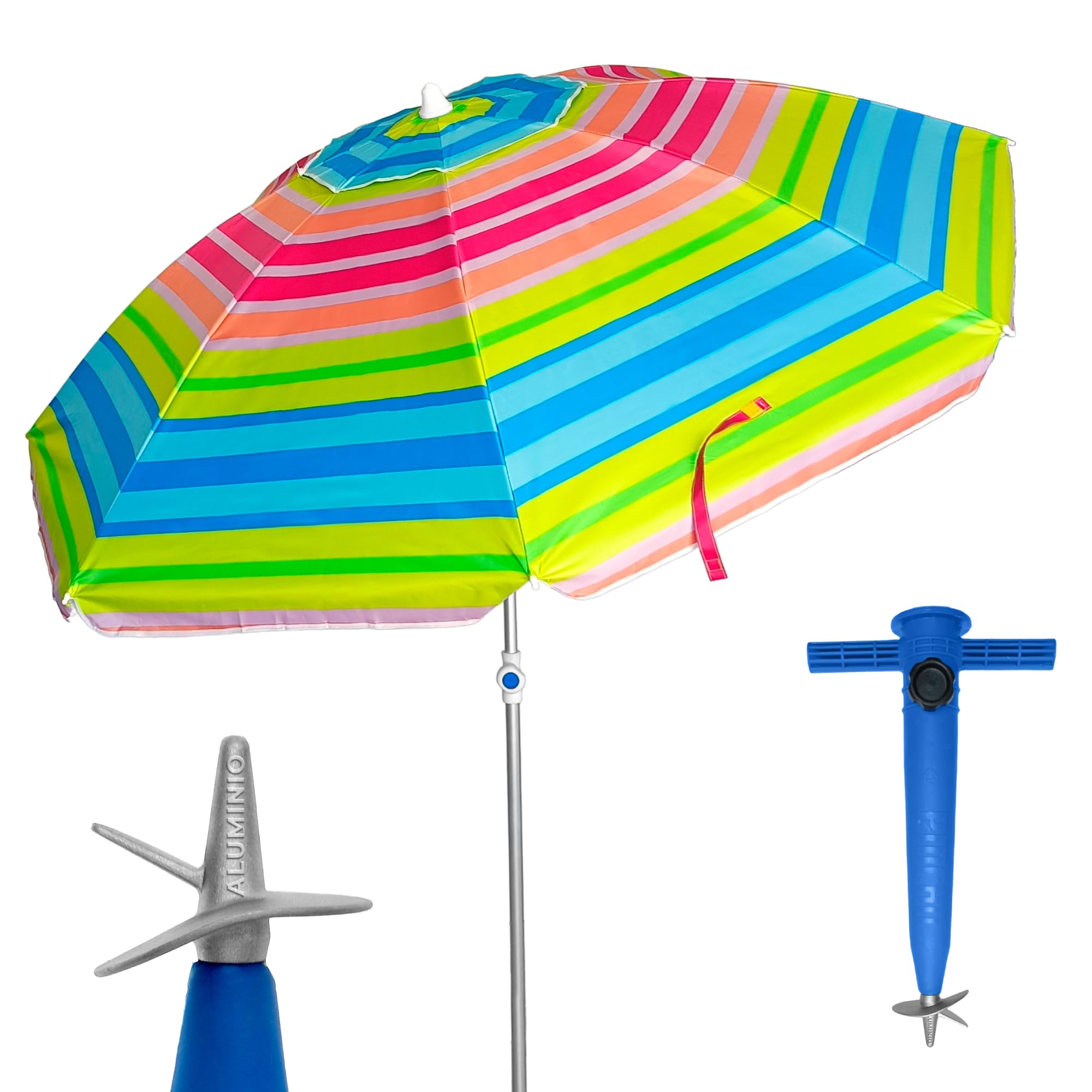 Pincho Ombrellone da spiaggia grande Ø200 cm, antivento, protezione UV 50, materiali di qualità, tubo di alluminio, aste in fibra di vetro, bastone reclinabile, include spiedino con punta in ALU