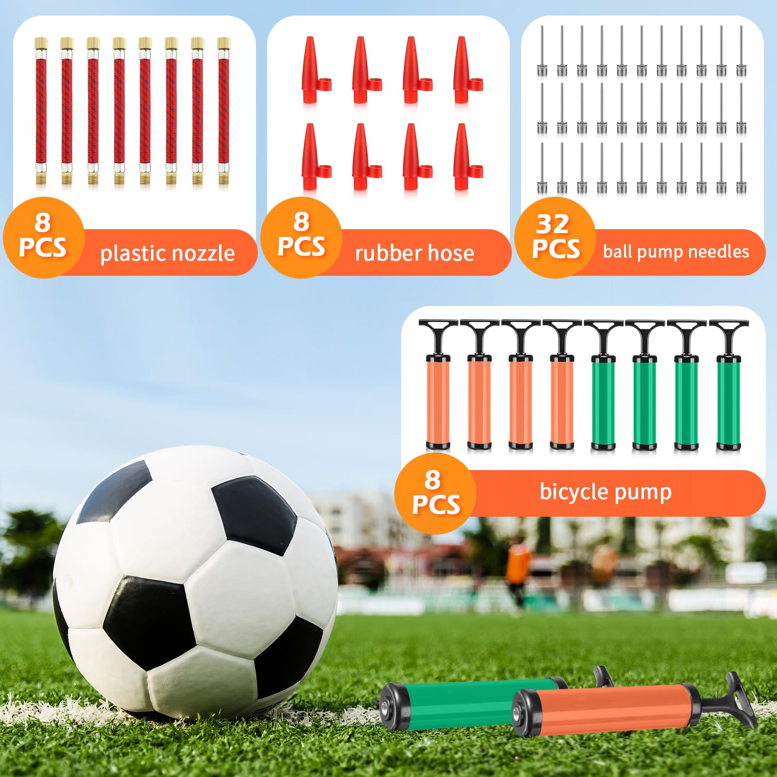 Chumia Ballpumpen, Luftpumpe, Großpackung für Bälle mit Nadel, Düse, Verlängerungsschlauch, Sportball, Werkzeug für Fußball, Basketball, Fußball, Volleyball, Orange, Grün, 8 Sets