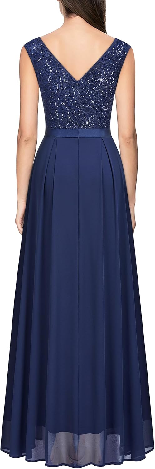 Miusol Women's Sexy Deep V-Neck Sequin Lace Double Sleeveless Evening Party Maxi Dress - Image 2