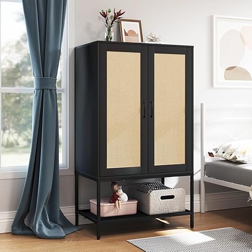 Miniatura 8 de Armario con puertas de ratán natural, armarios de dormitorio con marco de metal, armario de madera para apartamento, pequeño armario para