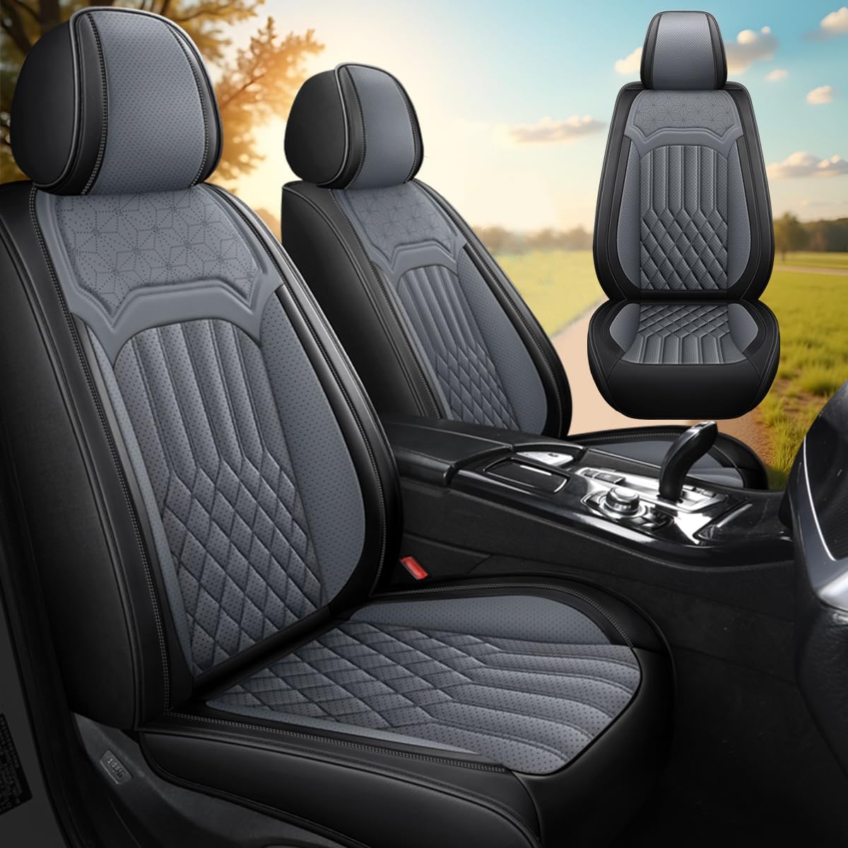 Leather Seat Cover for Cadillac XT4 2019-2025, Waterproof Soft Seat Covers with Airbag Compatible, Automotive Interior Accessories Seat Cushions and Seat Protectors(Black&Gray, 2PCS Front)