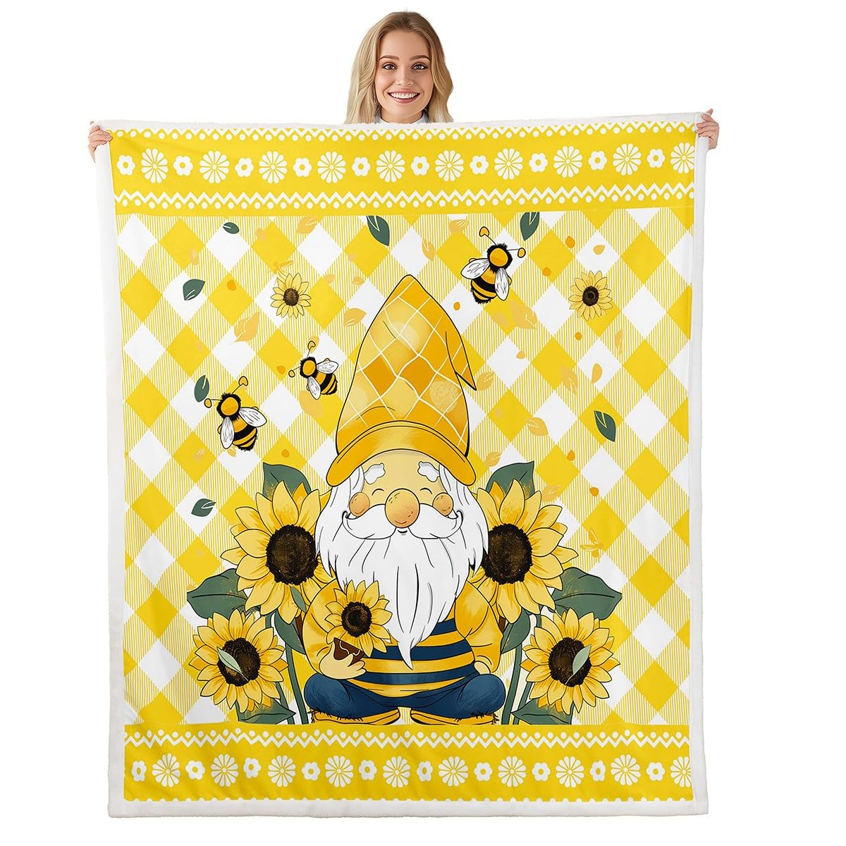 Erosebridal Sunflower Gnome Fleece Blanket Throw Size,Kids Yellow Flowers Fuzzy Blanket,Geometric Plaid Throw Blanket for Sofa Car,Boys Girls Cute Bee