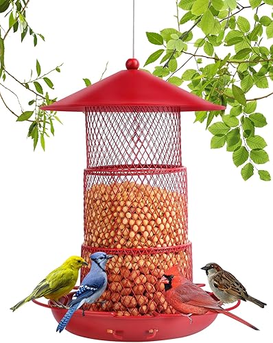 jebeeyoo - Comedero de metal para pájaros silvestres para colgar al aire libre, a prueba de ardillas y resistente a la intemperie, con 3 perchas,