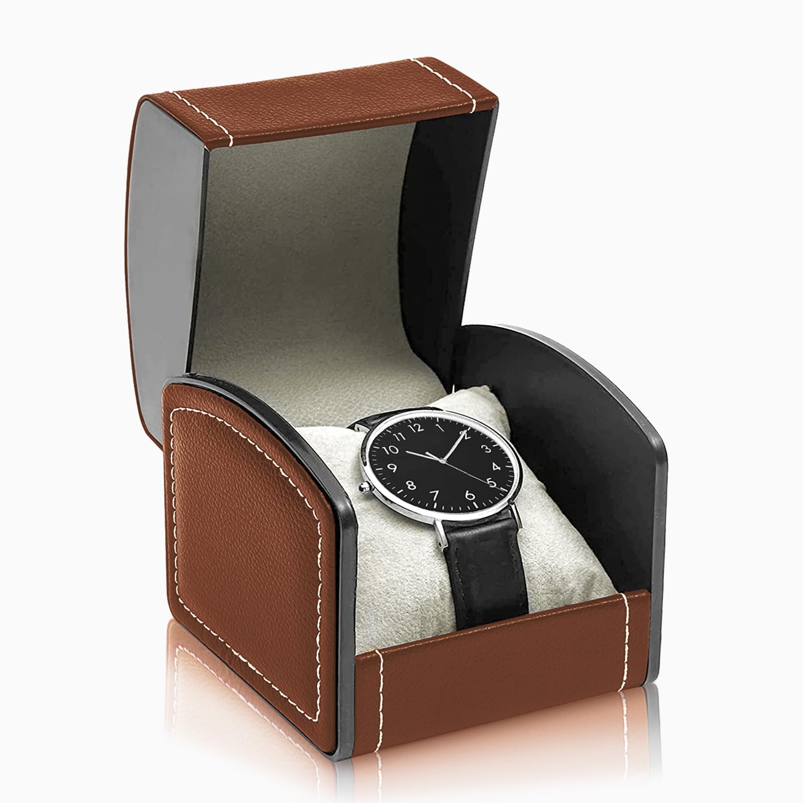 Single Watch Case, PU Leather Watch Travel Case with Removable Cushion, Jewelry Storage Case Organizer Portable Square Watch Box Bracelet Holder for Most Watches (brown)