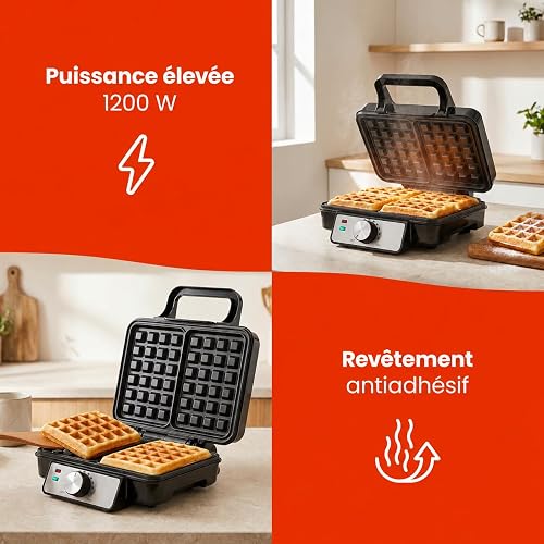 Huslog Gaufrier 1200 W, 2 Grandes Gaufres Belges, Plaques Antiadhésives, Poignée Cool-Touch, Réglage Température, Compact, Chauffe Rapide, Noir - 2