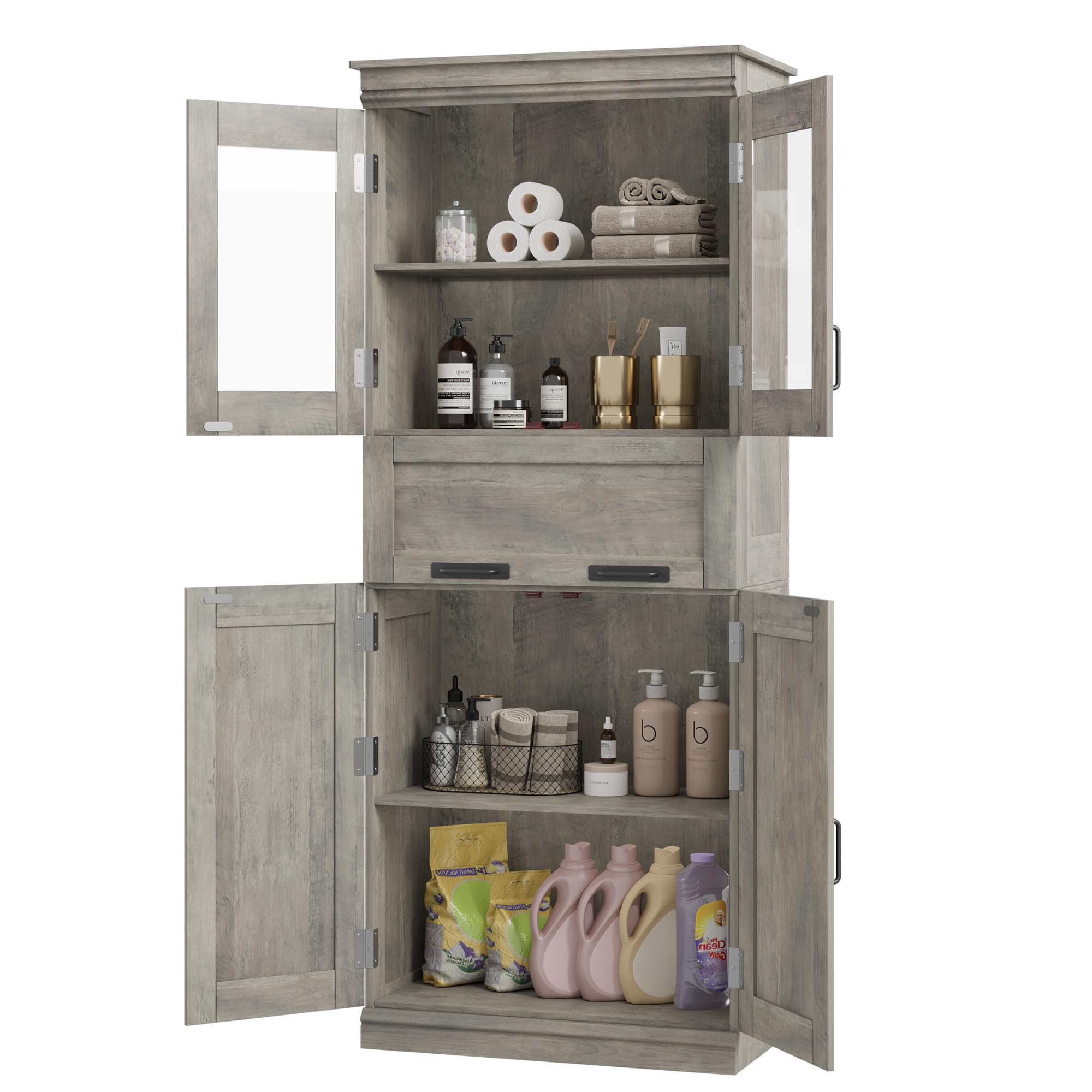 GarveeHome 67" Tall Bathroom Cabinet with 4 Doors & Flip Glass Drawer, Storage Cabinet with Adjustable Shelves, Freestanding Organizer for Kitchen,