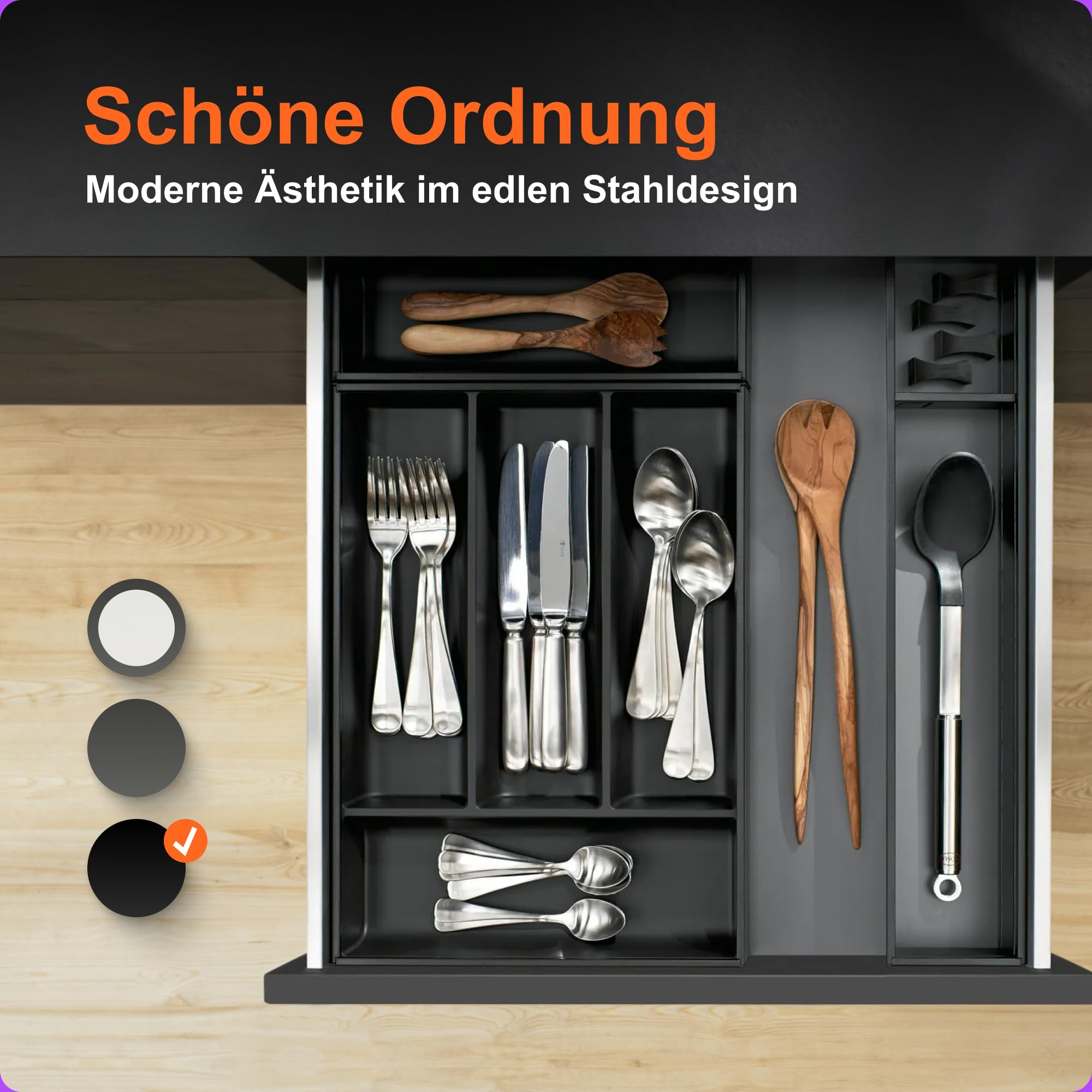 Blum AMBIA-LINE Besteckkasten mit Soft-Touch | Premium Schubladen-Organizer für moderne Küchenschublade & Schrank | schützt, sortiert & ordnet Besteck und Küchenhelfer | 42,5×30×5,5 cm | Carbonschwarz