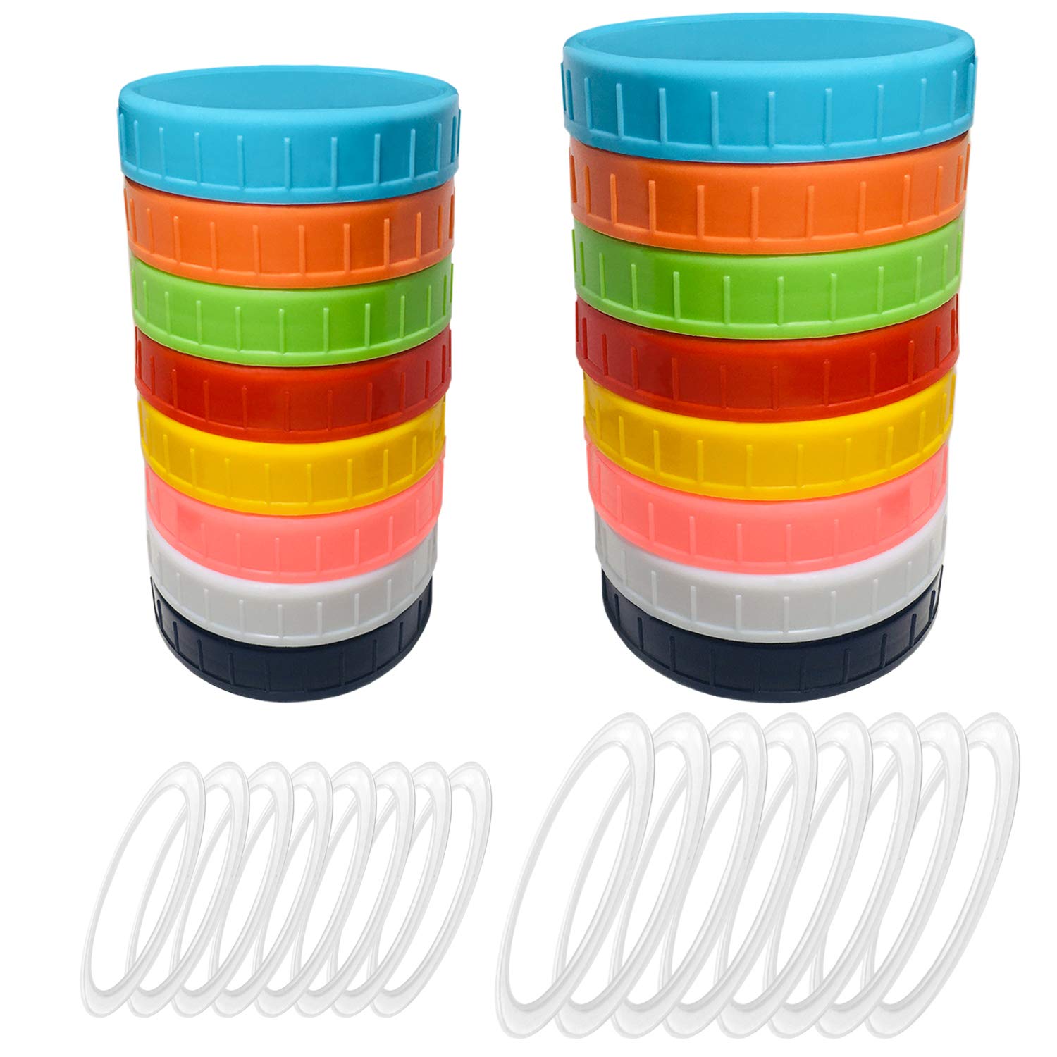 16 Pack Colored Plastic Mason Jar Lids for Ball, Kerr and More,8 Regular Mouth & 8 Wide Mouth(Silicone O-Ring Gasket included),Food-Grade Plastic Storage Caps for Mason Canning