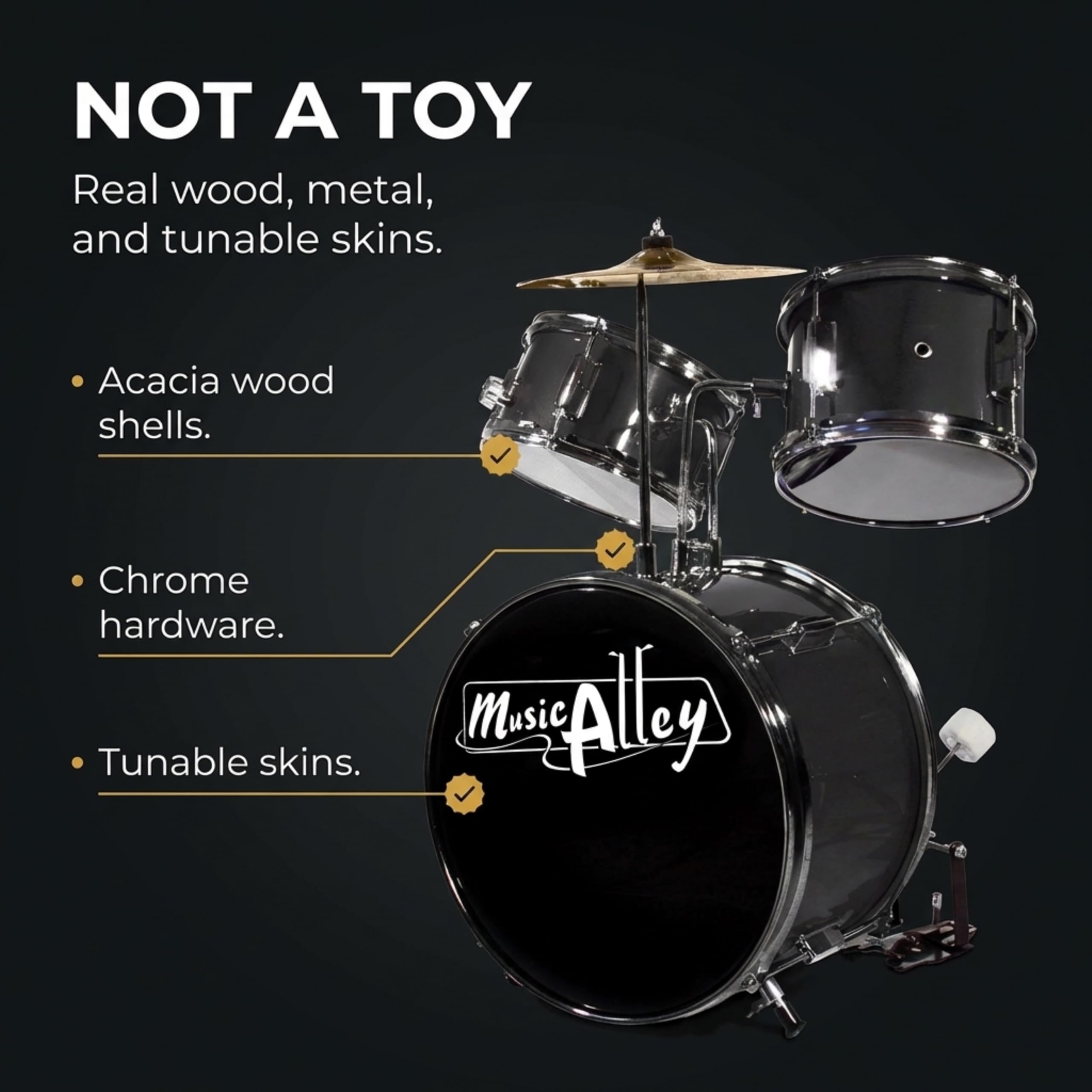 Music Alley DBJK02-BK 3-teiliges Anfänger-Drumkit für Kinder - Schwarz -inch schwarz
