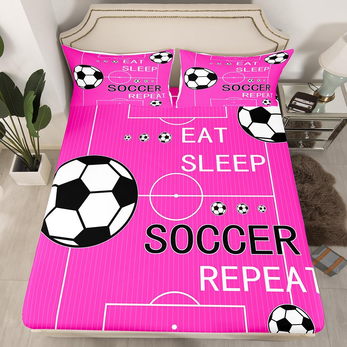 jejeloiu Kids Soccer Fitted Sheet Queen Size Football Bedding Set Boys Girls Eat Sleep Bed Sheet Set Sports