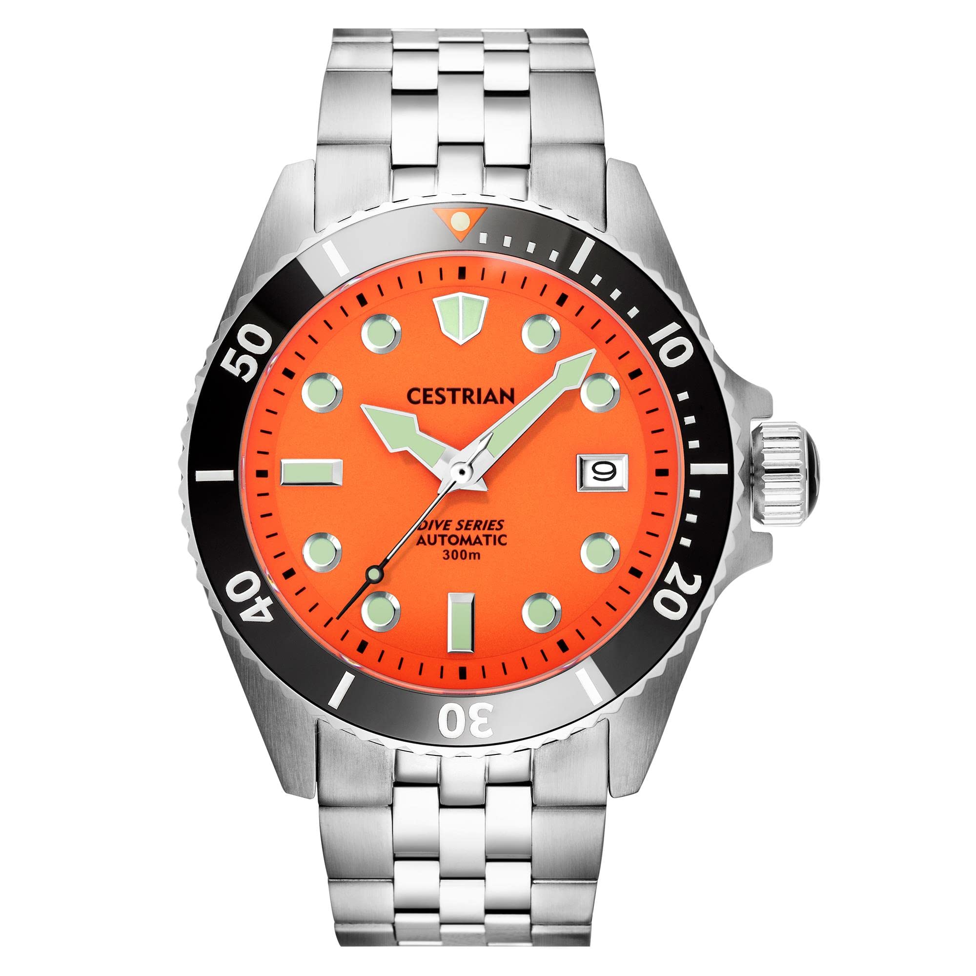 Dive Series Automatic 'Tiger' Orange Dial Black Ceramic Bezel Steel Bracelet 300M Water Resistant Mens Watch