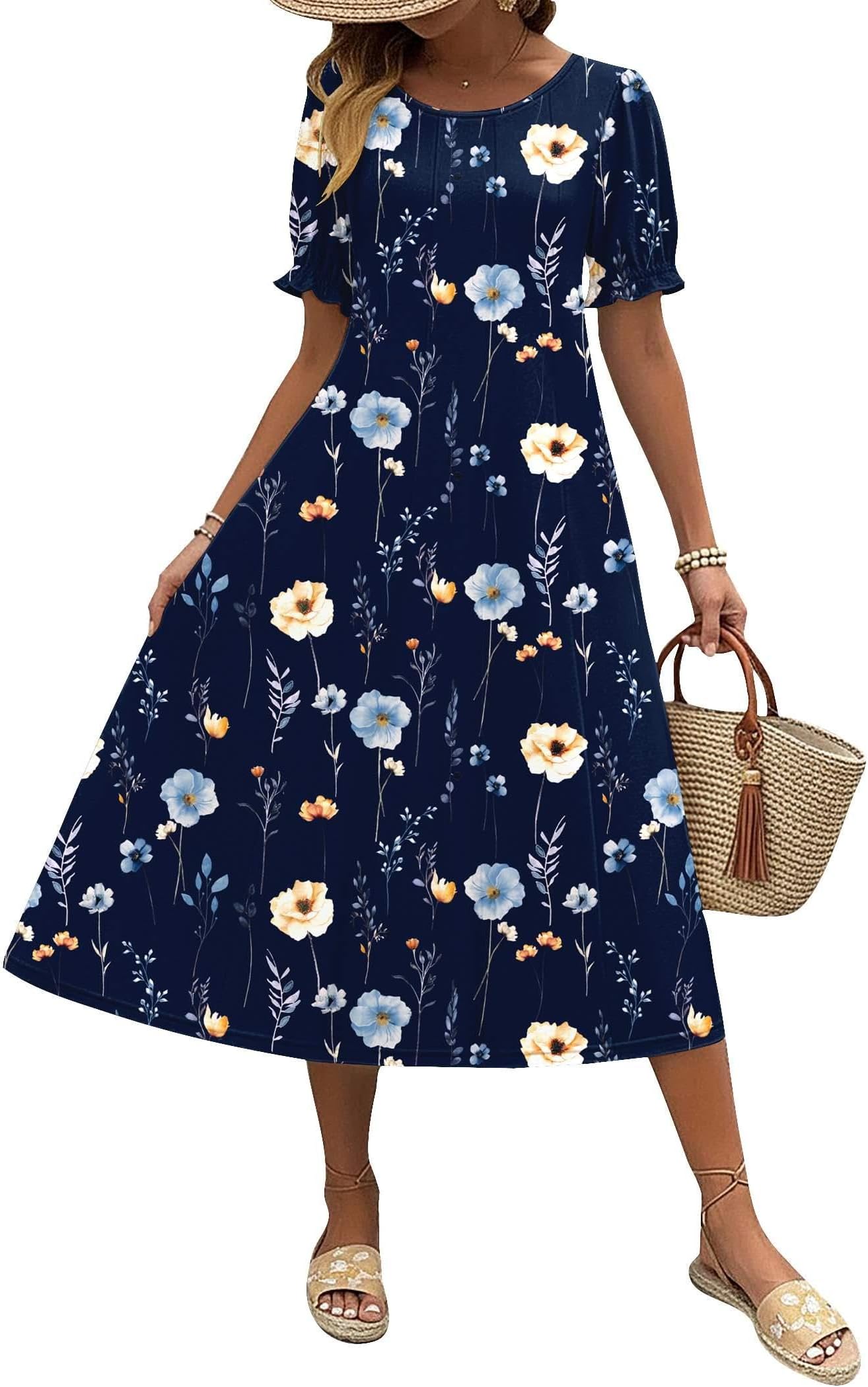 Womens Summer Dress Casual Midi Dresses 2026 Short Puff Sleeve Flare Dress Pleated Flowy Sundress with Pockets