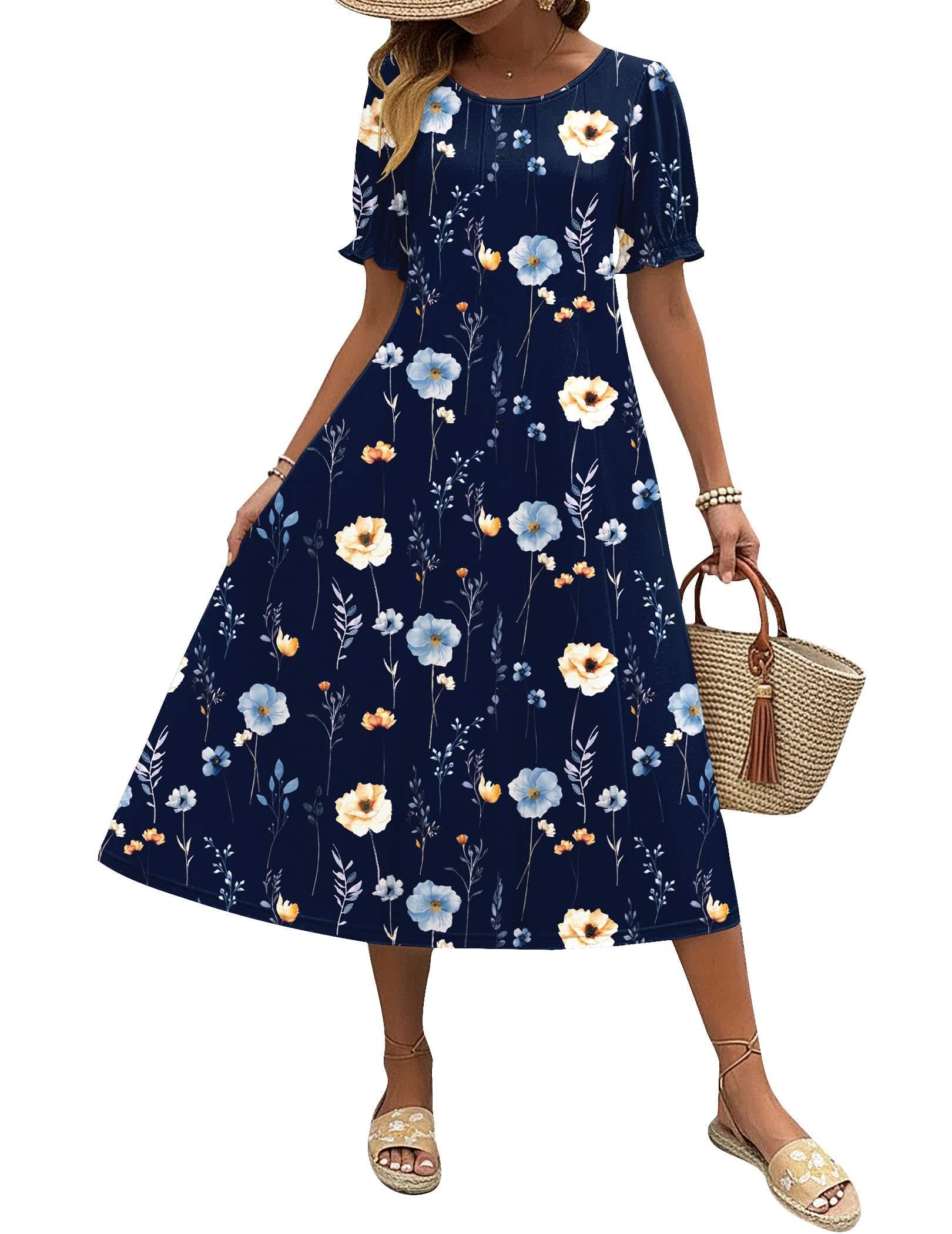 Womens Summer Dress Casual Midi Dresses 2026 Short Puff Sleeve Flare Dress Pleated Flowy Sundress with Pockets