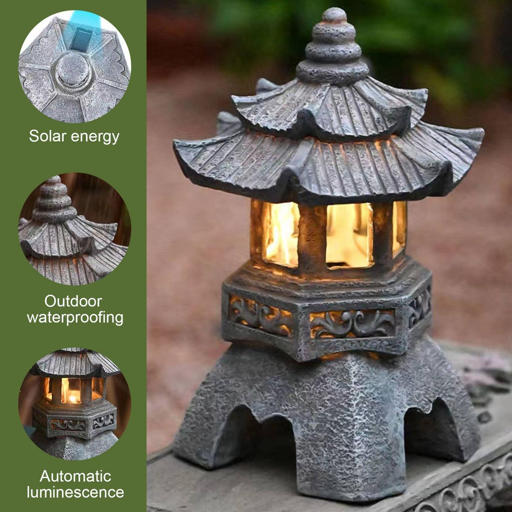 Décoration de Jardin, Statue de Jardin Pagode, Style Japonais, Résine Résistante aux UV, Lanterne Solaire, Gris