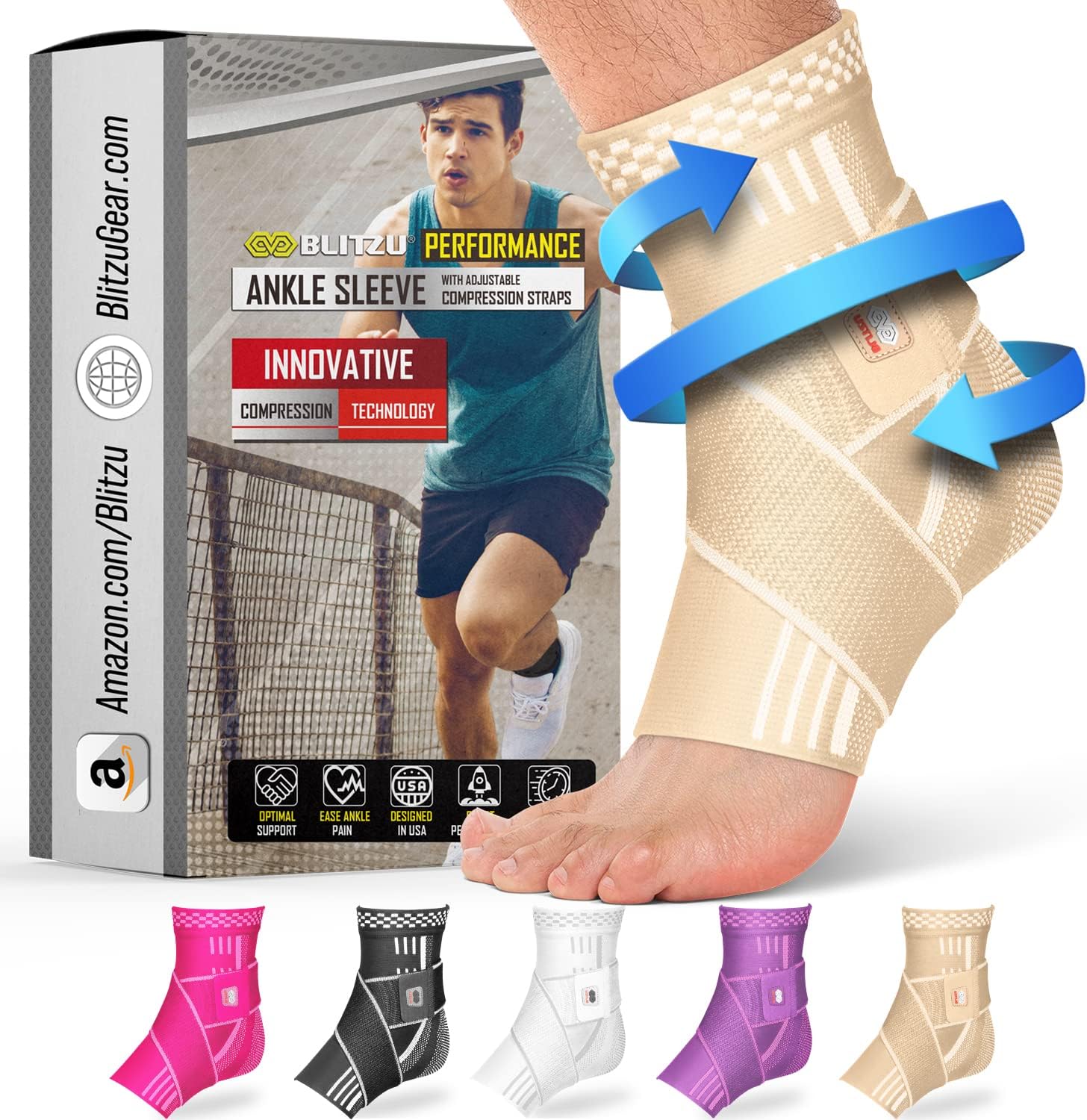 BLITZU Ankle Brace for Women, Men, Plantar Fasciitis Relief, Achilles Tendonitis Brace for Sprained Foot, Ankle Compression Sleeve with Strap Nude XL