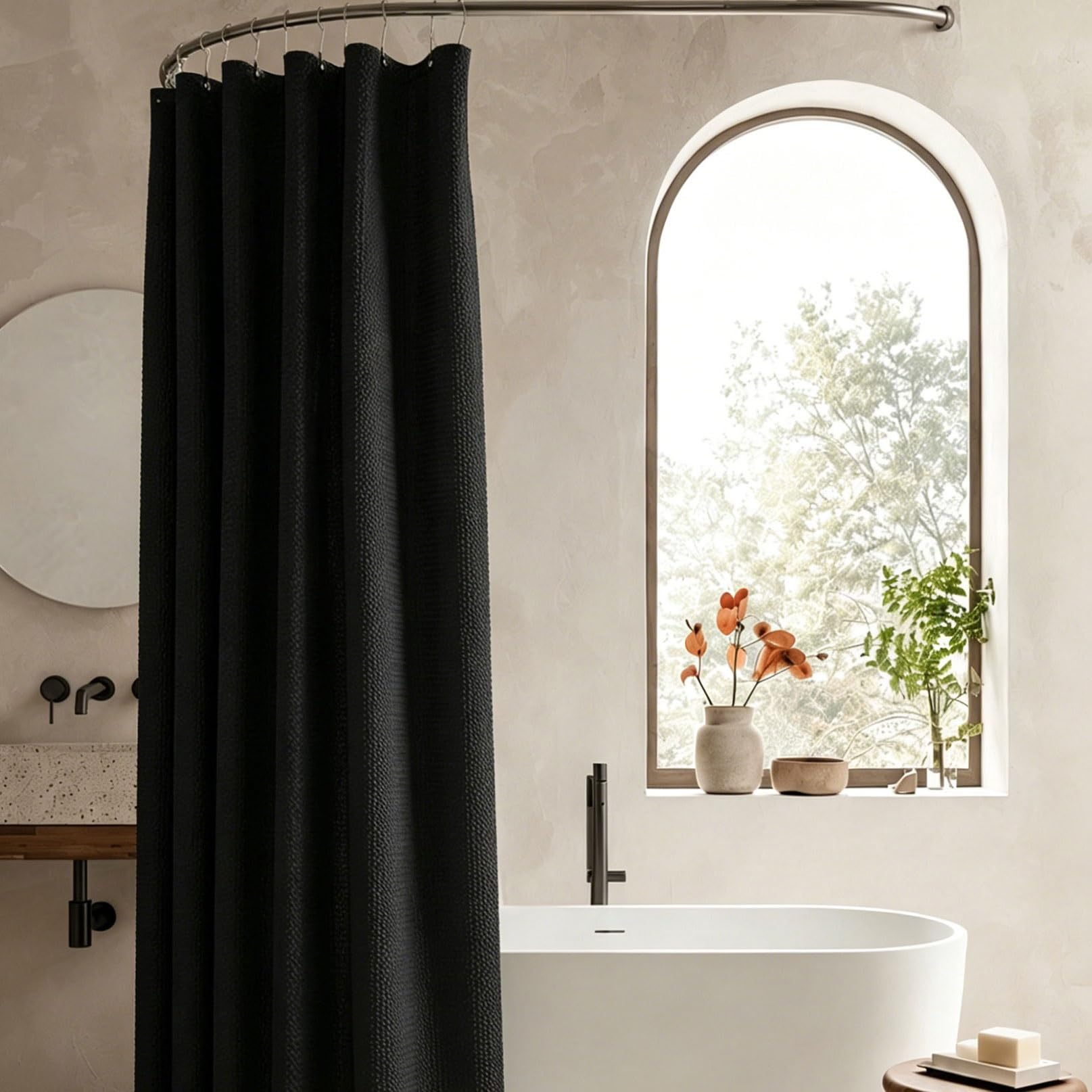 RCYONGQ Shower Curtain Mould and Mildew Resistant, Polyester, Waffle Bathtub Curtains Includes 12 Pcs Curtain Hooks, Quick-Drying, 230g/㎡ for Bathroom Wet Room Tub(Black,180x180cm)