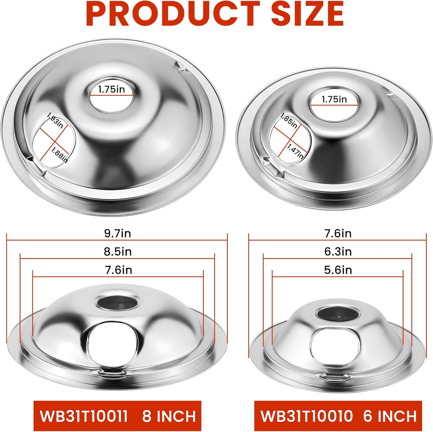 AMI PARTS Stove Drip Pan Burner Kit - WB31T10010 & WB31T10011 Porcelain Drip Pan Bowls, WB30M1 & WB30M2 Electric Coil Burner Elements - Fit for G-E, Hot-point, Ken-more, Includes Cleaning Cloth