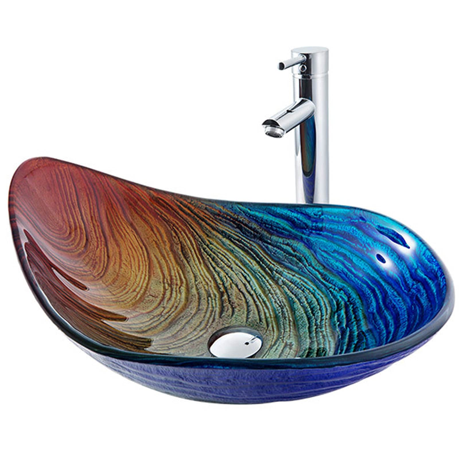 CWCQGH Bathroom Vessel Sink,Tempered Glass Bathroom Vessel Sink,Countertop Basin Sink with Pop Up Drain, Mounting Ring,with Waterfall Faucet,16.5 Inch,A (A)