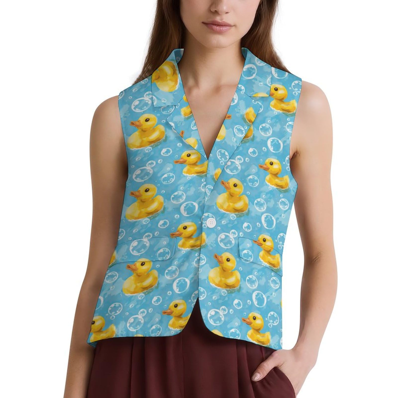 Yellow Rubber Duck And Bubbles Funny Womens Suit Vests Casual Formal Dress Vest Business Waistcoat