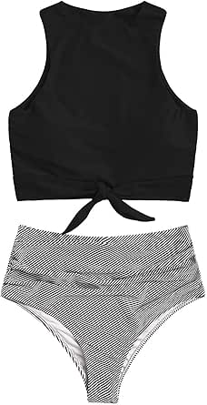 LilyCoco Women High Waisted Bikini Set Floral Printed Crop Knot Front Two Piece Swimsuit (Small, Z5-Stripe Black)