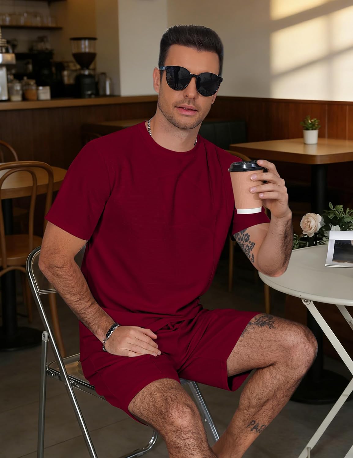 Babioboa Mens Short Sets 2 Piece Outfits Waffle Knit Short Sleeve Shirt and Shorts Summer Tracksuits Lounge Set Off-Duty