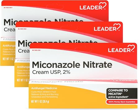 Leader Miconazole Nitrate 2% Antifungal Cream, Cures Athletes Foot, Jock Itch and Ringworm Infections, 1 oz, Compare to Micatin, Pack of 3