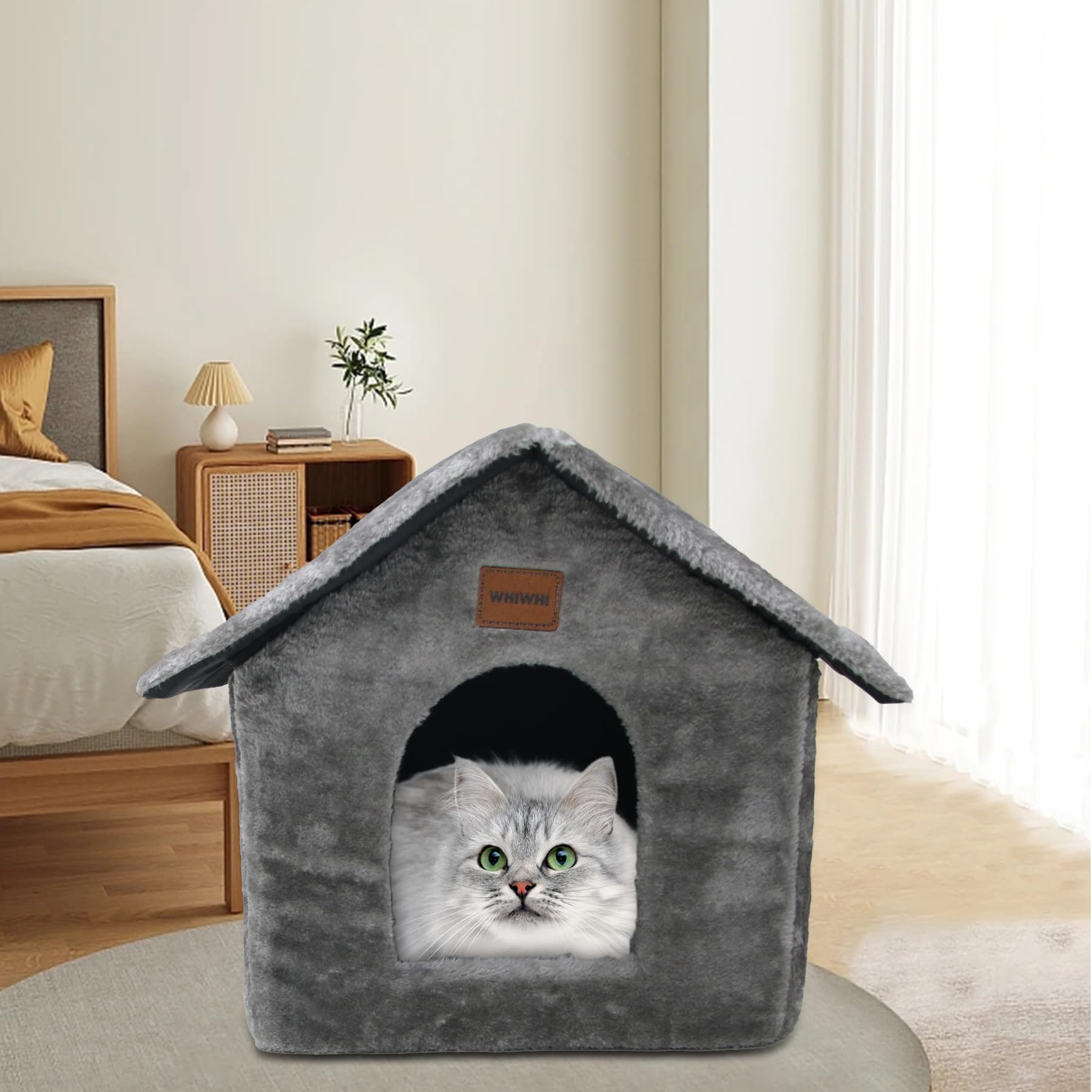Niche pour Chat d’intérieur avec Coussin en Peluche Maison de Chat Abri Chaud et Confortable Lit pour Chat Panier pour Chat avec Fond Antidérapant 40x35x40cm