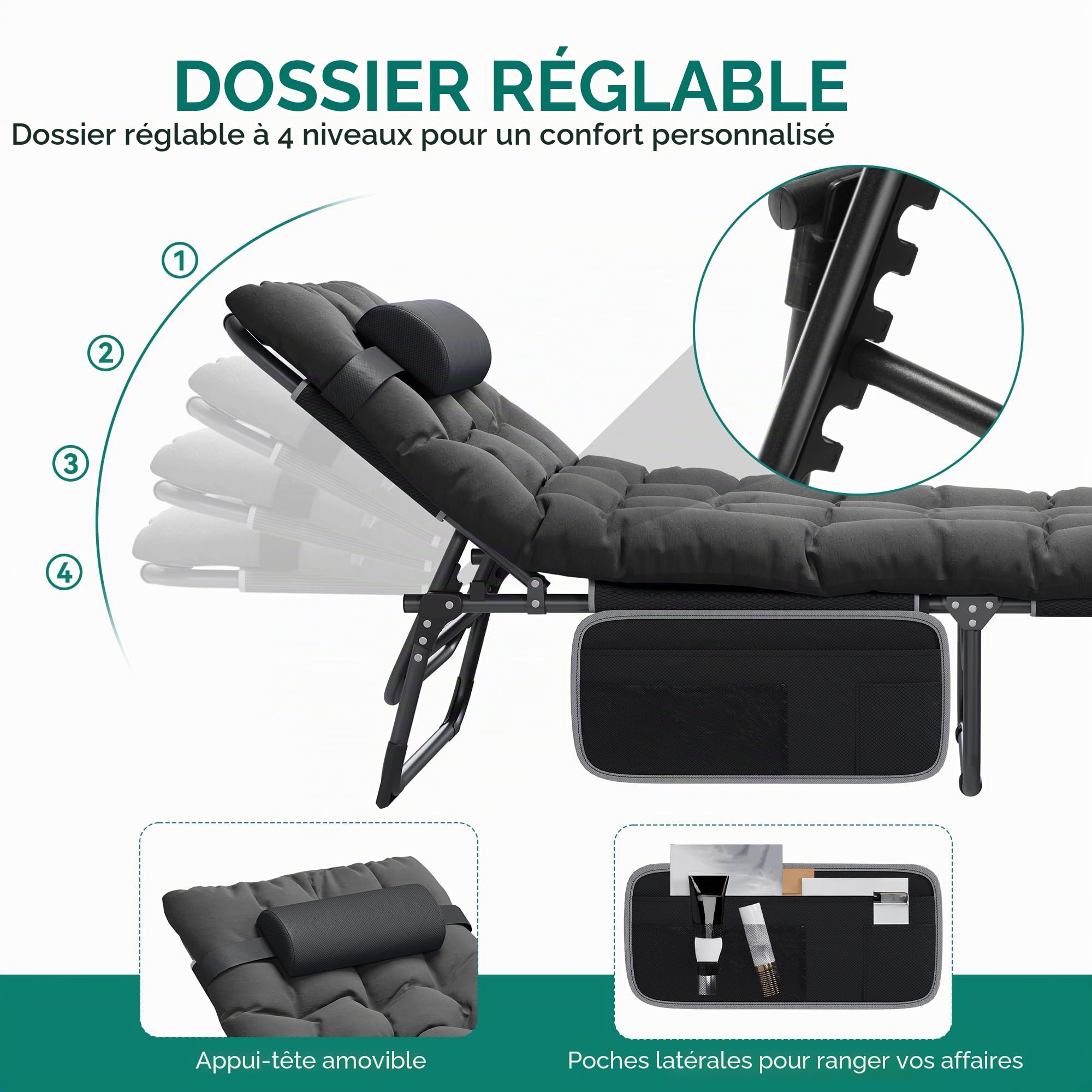 YITAHOME Bains de Soleil avec Coussin 190x68x31cm Chaise Longue Réglable en 4 Positions, Transat Jardin Exterieur avec Appui-tête et Latérale Capacité de Charge 200KG pour Jardin, Piscine, Noir