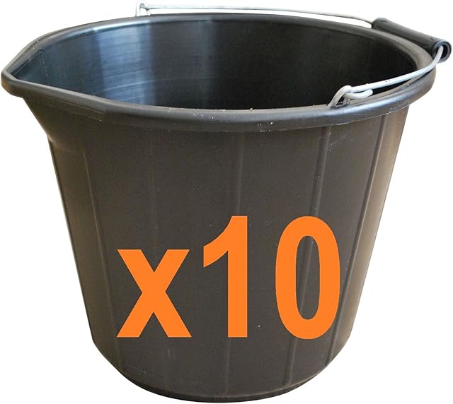 Easy Shopping 10 x Black Plastic Builders Bucket 3 Gallon 14 Litre Water Mixing Storage Strong with Handle Made in U.K.