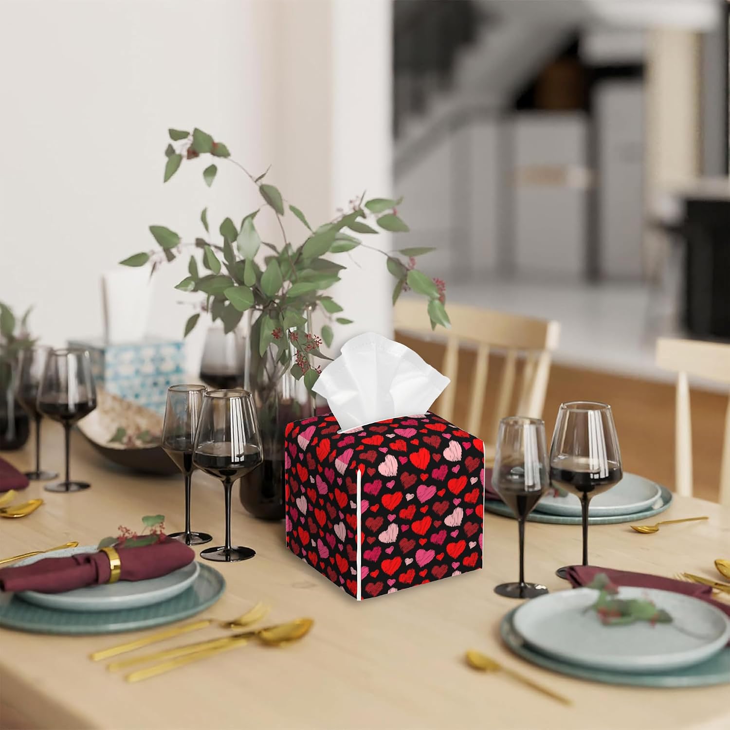 Hearts Tissue Box Cover,Red Hearts PU Leather Tissue Box Holder Square,Modern Home Decoration for Bathroom Living Room Kitchen Office Car,5.2"×5.2"×5.2" image 3