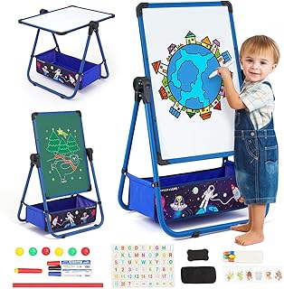 Kids Art Easel Double Sided Iron Easel 360° Rotatable Easel Whiteboard Chalkboard 29.6inch-44inch Height Adjustable Standing Drawing Board with Various Accessories for Boys Girls 3+ Years Old