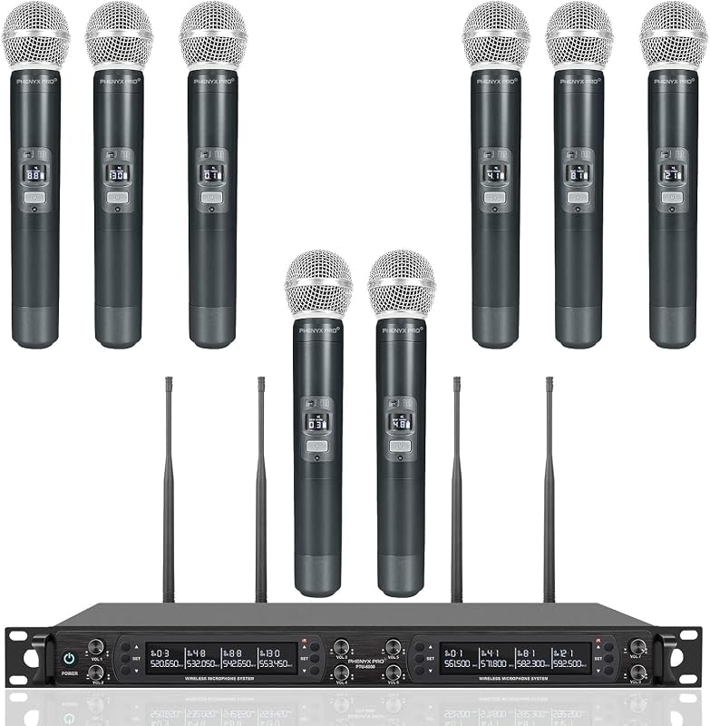 Phenyx Pro 8 Csatornás Vezeték Nélküli Mikrofonrendszer 8 Kézi Mikrofonnal, 40 UHF Frekvencia, 100m Hatótáv, Énekléshez, Karaokéhoz, Rendezv