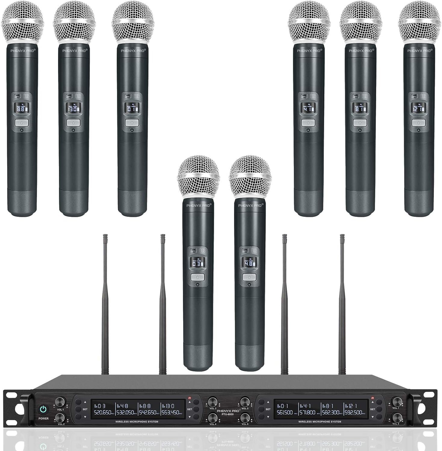 Phenyx Pro 8-Kanal UHF Auto Scan Funkmikrofon-System PTU-6000-8H | 8 dynamische Handmikros, 8 x 40 Frequenzen, 328 ft Reichweite, Live-Gesang, Gottesdienste, Karaoke-Events