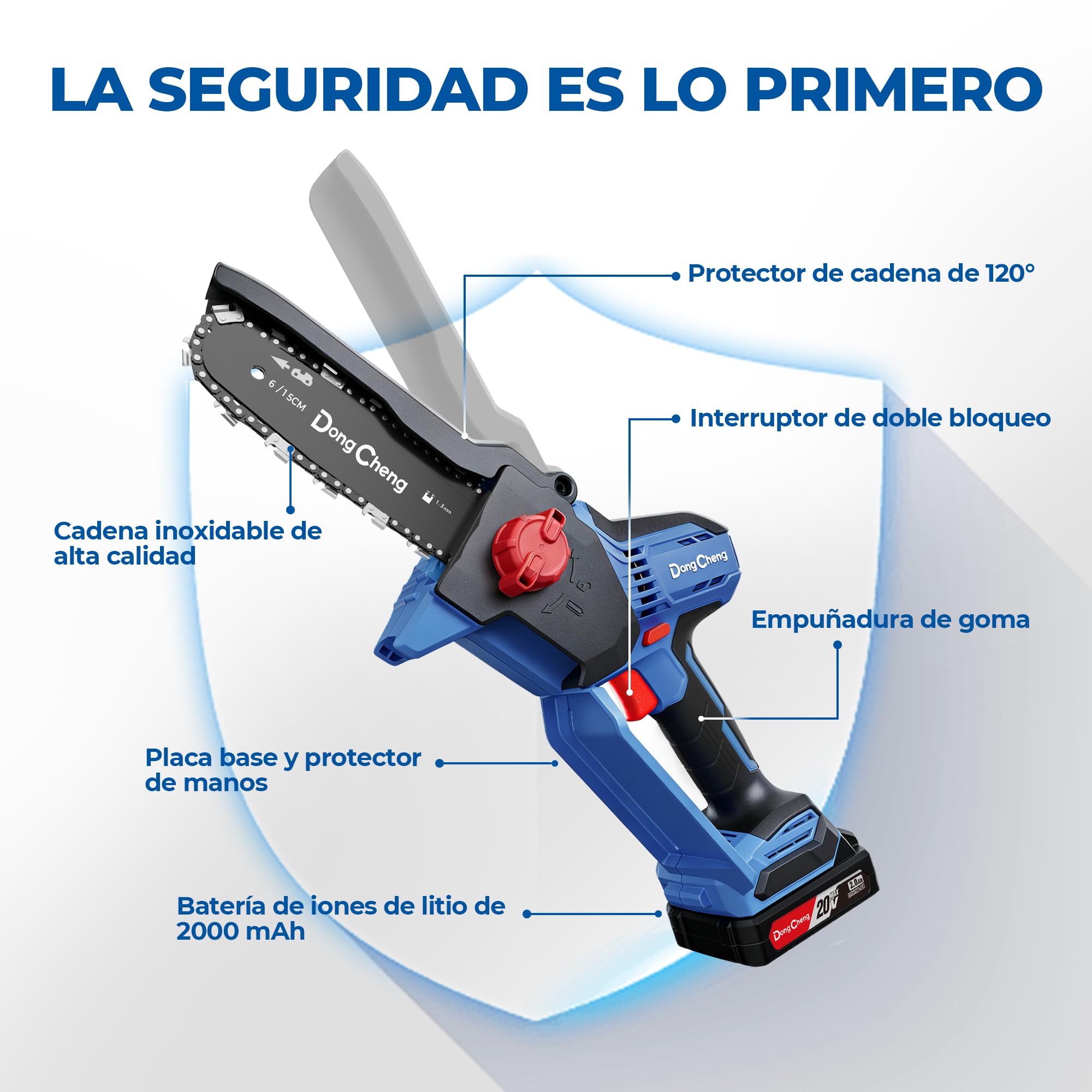 DongCheng Mini motosierra para jardineros y campistas. motor 750W sin escobillas, 2×2000 mAh, 1,2 kg, manejo a una mano, 15 cm, 8 m/s, tensión sin herramientas y engrase auto