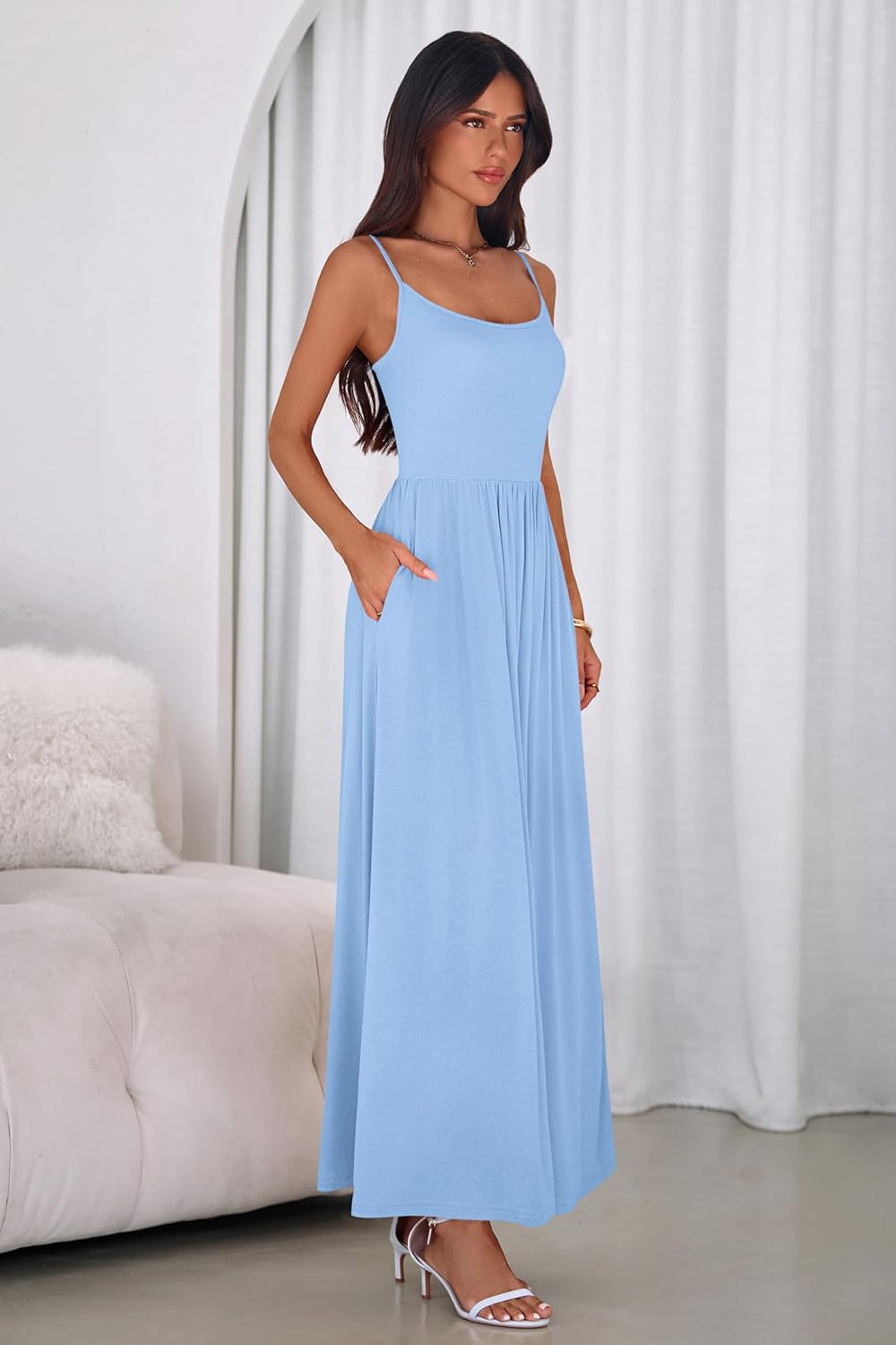 PRETTYGARDEN Womens Spaghetti Strap Maxi Dresses Sleeveless Summer Dress Long Casual Knit Flowy Beach Sundresses with Pockets - Image 5