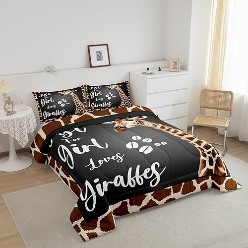 Miniatura 2 de Erosebridal Edredón de jirafa para niños y niñas, juego de ropa de cama con estampado de jirafa marrón retro, tamaño King, bonito juego de edredón