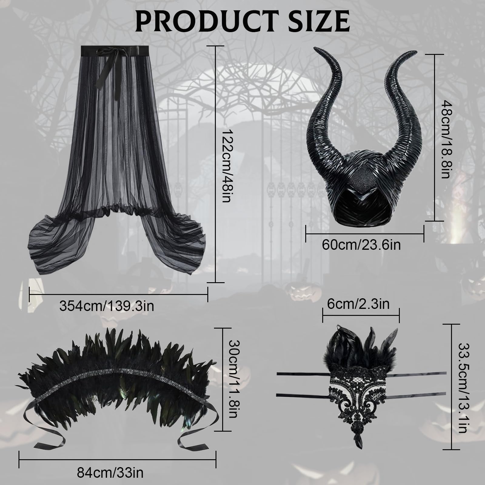 Maleficent kostium damski: kostium diabła, zestaw Maleficent rogi z peleryną z piór, koronkowe rękawiczki i długa spódnica tiulowa na Halloween, karnawał, imprezę Cosplay