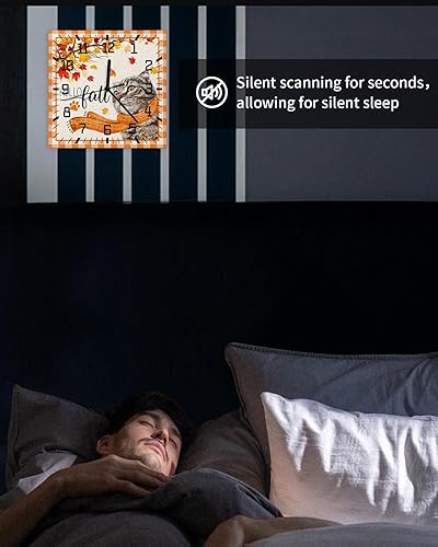 Miniatura 6 de Hello Fall Wooden Wall Clock Silent Non Ticking, Thanksgiving Cat Scarf Maple Leaf Orange Plaid Square Wall Clock Battery Operated, Decor Clock for
