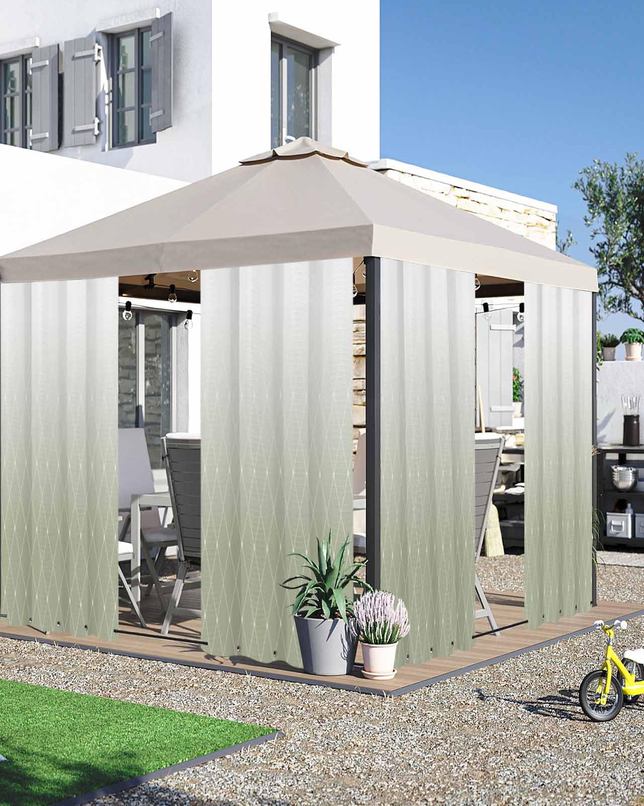 Outdoor Curtains for Patio, Geometric Pattern Sage Green Gradient Plaids Sun Blocking Windproof Thermal Insulated Light Filtering Grommet Curtains for Porch Gazebo Pergola 54
