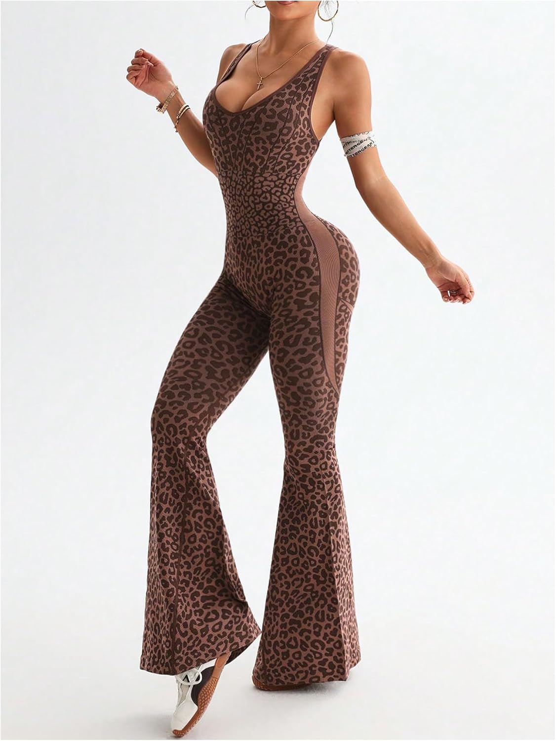 Verdusa Women's Cheetah Print Workout Sets Yoga Jumpsuit Criss Cross Sleeveless Work Out Clothes Flared Pants Jumpsuits