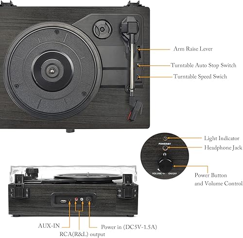 Miniatura 6 de Tocadiscos de vinilo inalámbrico con altavoces integrados y USB accionado por cinturón vintage tocadiscos de 3 velocidades para entretenimiento y
