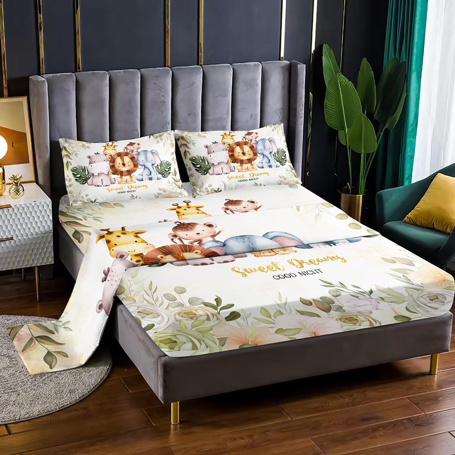 Wild Animal Hippo Bed Set - 4 Pc Kawaii Cute Elephant Lion Giraffe Monkey Sheets for Kids - Queen Size with 1 Flat, 1 Fitted + 2 Pillowcases