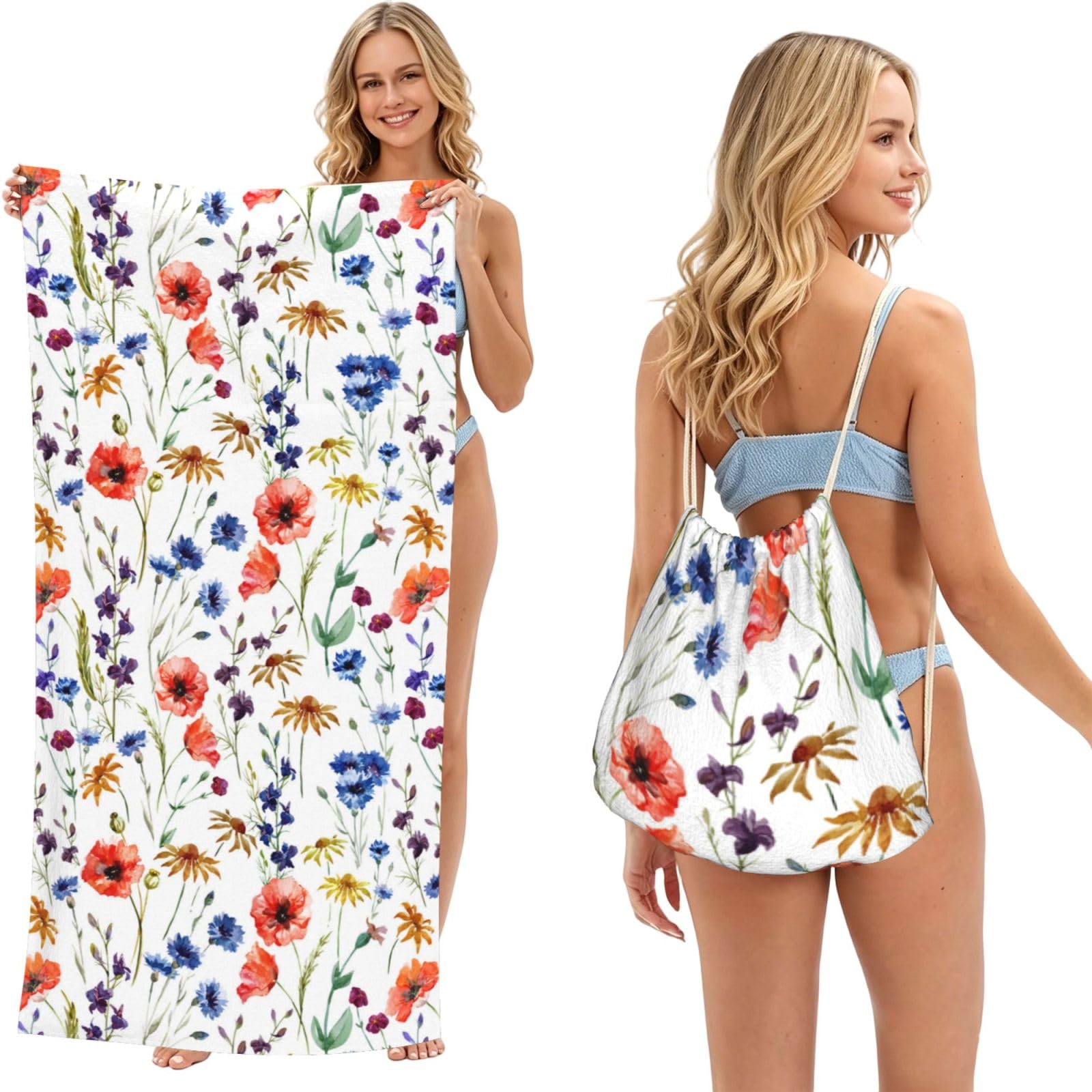 Poadnly Wild Flower Poppy Chrysanthemum Daisies, 2 in 1 Packable Towel Bag, Beach Towels with Drawstring Backpack for Travel Holiday Camping